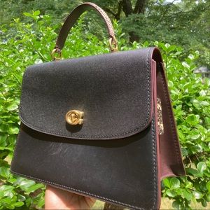 Coach Parker top handle large black and oxblood mixed leather and brass details